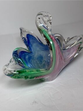 Vintage Murano Italian Art Glass Swan Bowl Multicolor Swirl Hand Blown Dish MCM